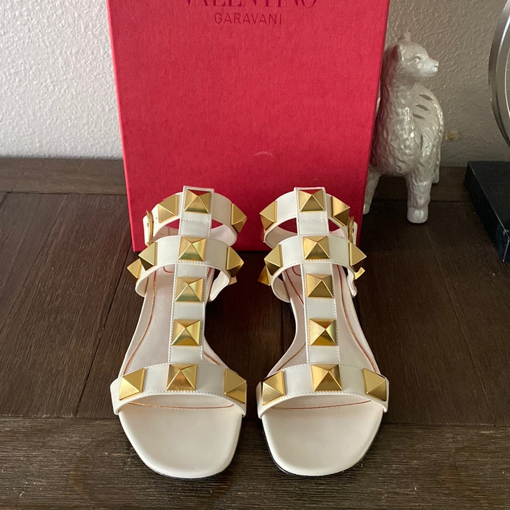 Valentino Garavani White and Gold Studded Sandals